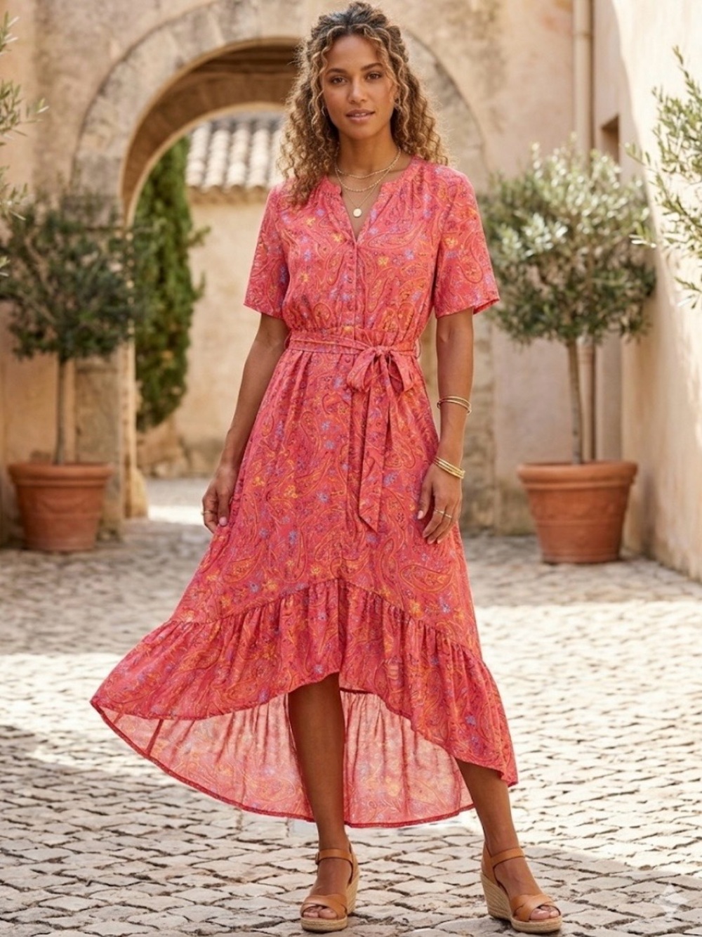 Harlow & Rose V-neckline flutter sleeves belted high-low floral midi dress L